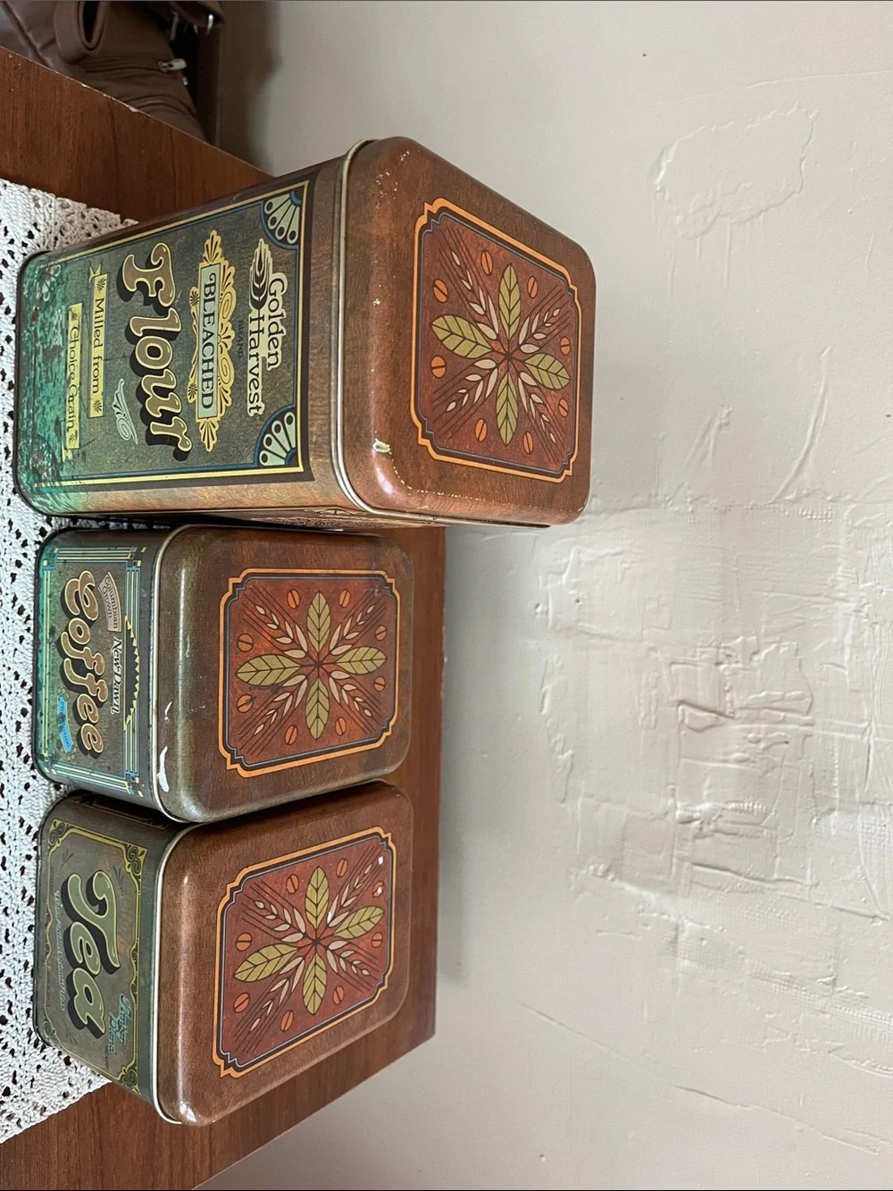 Vintage , Cheinco, Golden Harvest Green Coffee, Tea & Flour Storage Tin Set